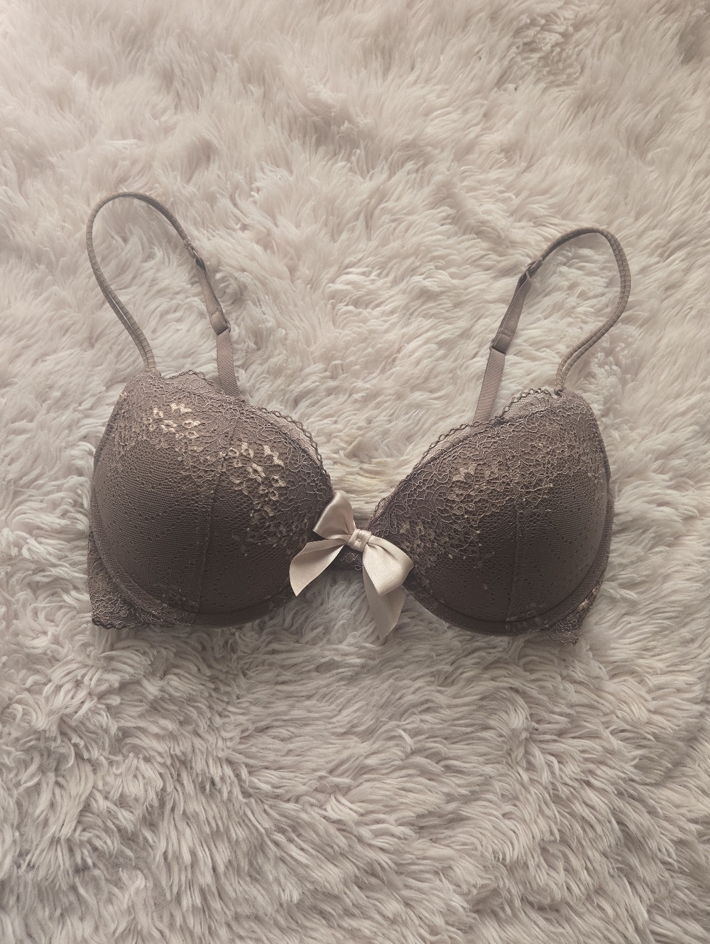 aerie Lace Accent Padded Bra in Taupe with Satin Bow